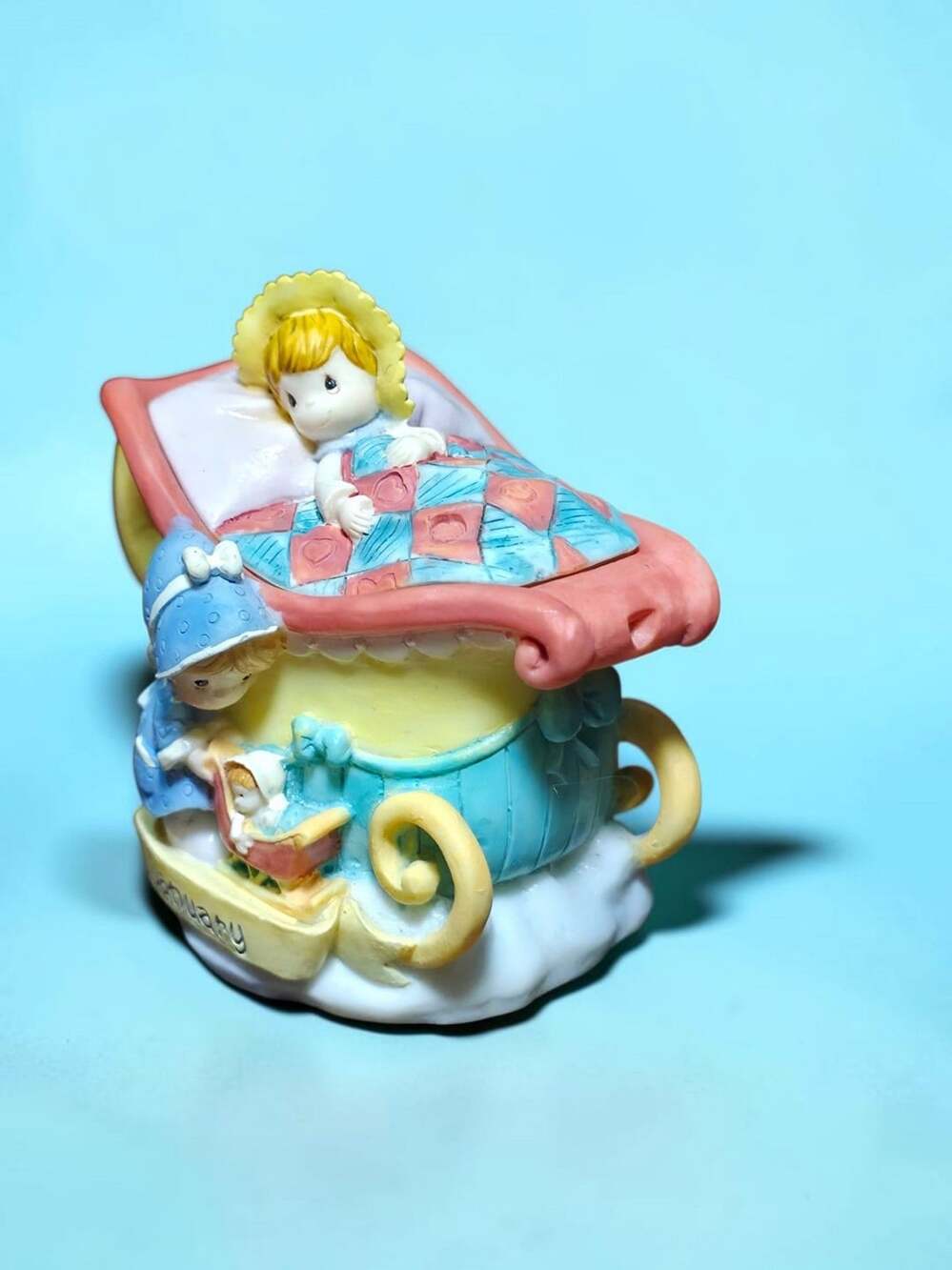 Precious Moments January Mini Teapot Figurine 1999 Resin Baby Sled